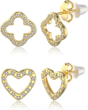 10 Pairs Earrings for Women 316L Hypoallergenic Cubic Zirconia Gold Plate Earrings Surgical Steel Heart Shape Clover Stud Earrings Sets Diamond/White/Blue/Pink/Black/Red