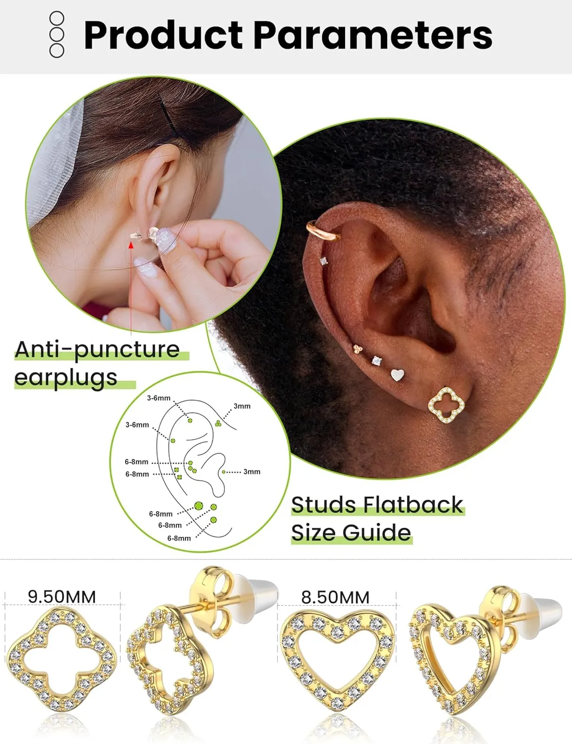 10 Pairs Earrings for Women 316L Hypoallergenic Cubic Zirconia Gold Plate Earrings Surgical Steel Heart Shape Clover Stud Earrings Sets Diamond/White/Blue/Pink/Black/Red