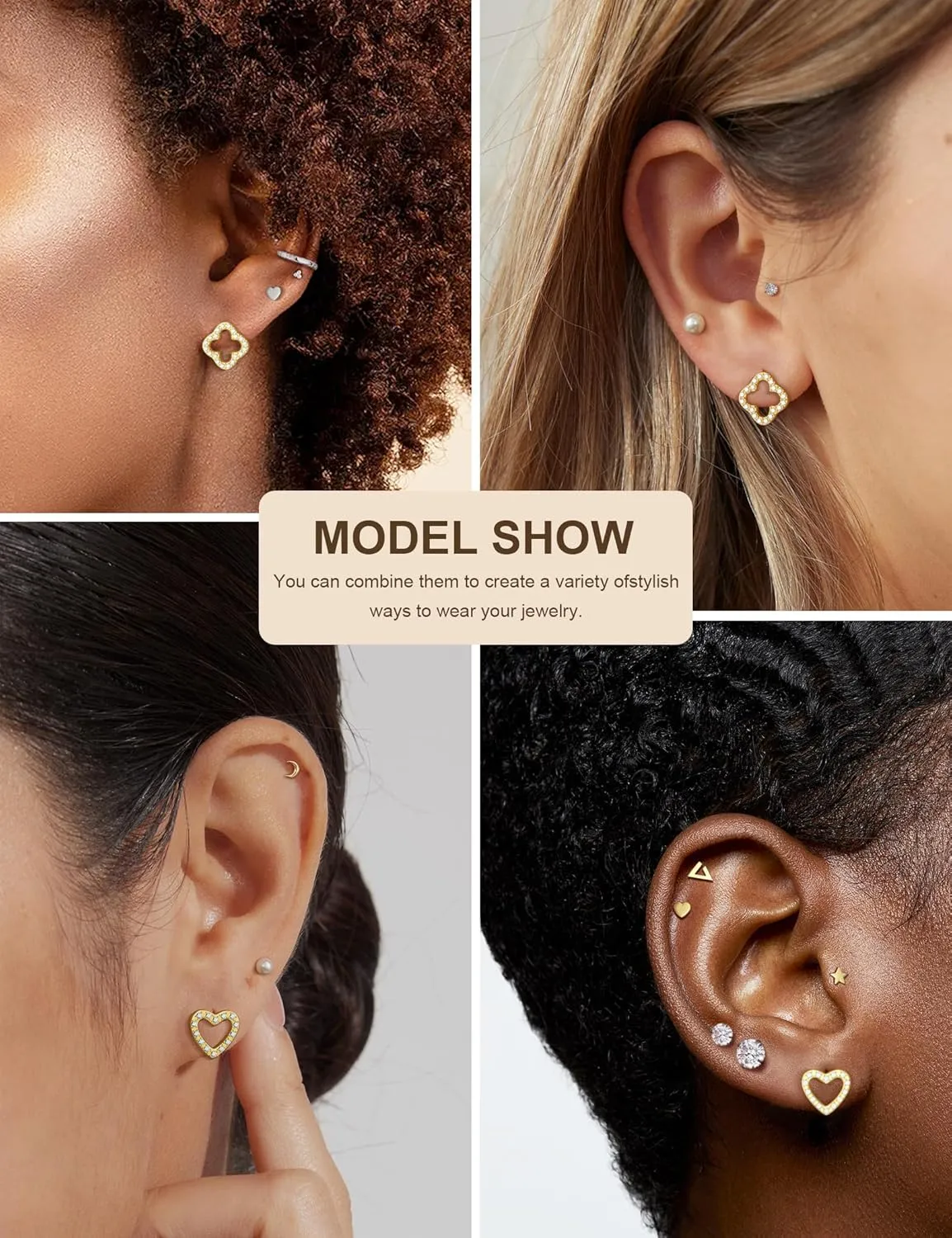 10 Pairs Earrings for Women 316L Hypoallergenic Cubic Zirconia Gold Plate Earrings Surgical Steel Heart Shape Clover Stud Earrings Sets Diamond/White/Blue/Pink/Black/Red