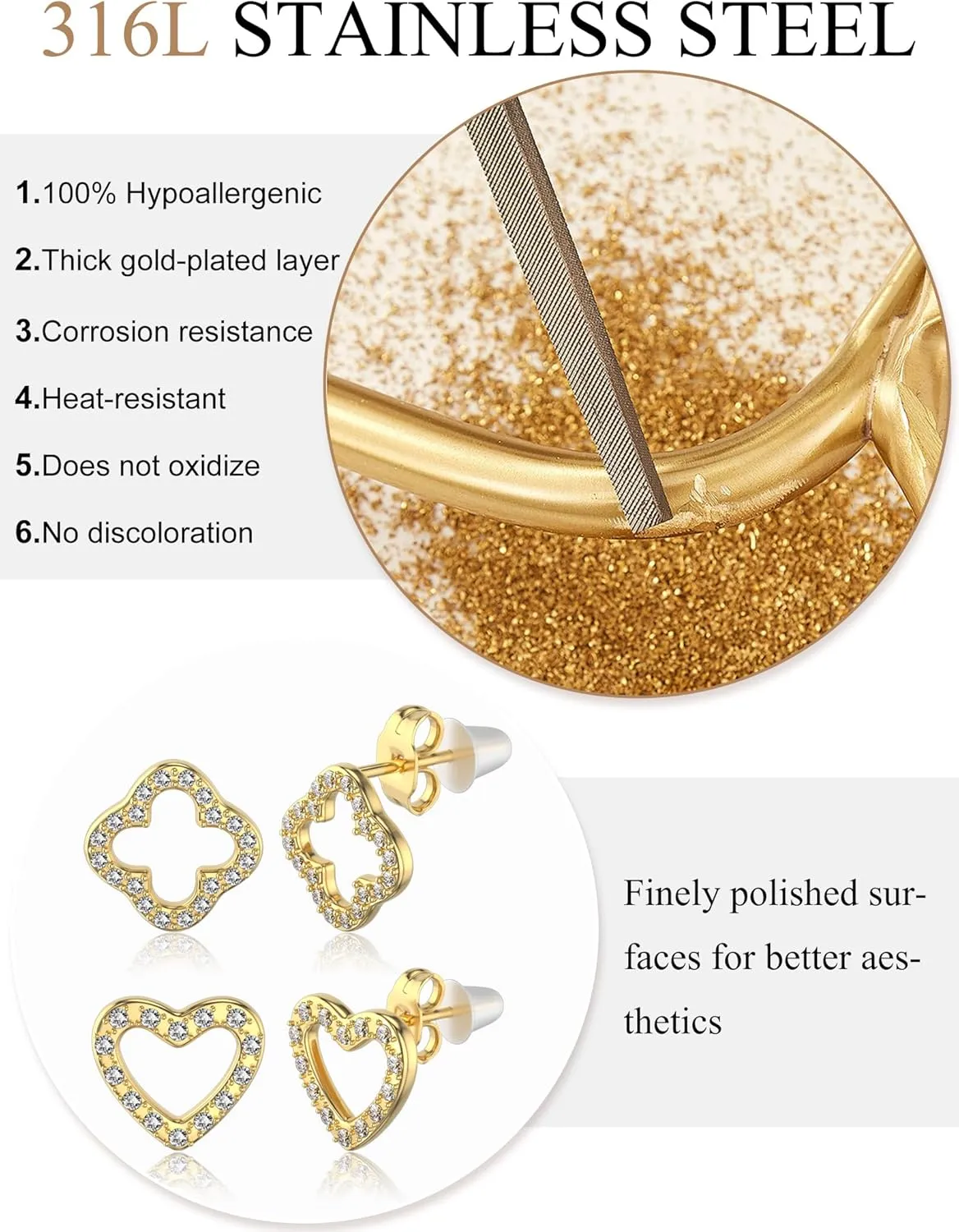 10 Pairs Earrings for Women 316L Hypoallergenic Cubic Zirconia Gold Plate Earrings Surgical Steel Heart Shape Clover Stud Earrings Sets Diamond/White/Blue/Pink/Black/Red