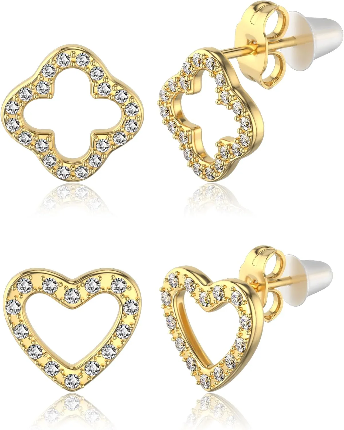 10 Pairs Earrings for Women 316L Hypoallergenic Cubic Zirconia Gold Plate Earrings Surgical Steel Heart Shape Clover Stud Earrings Sets Diamond/White/Blue/Pink/Black/Red