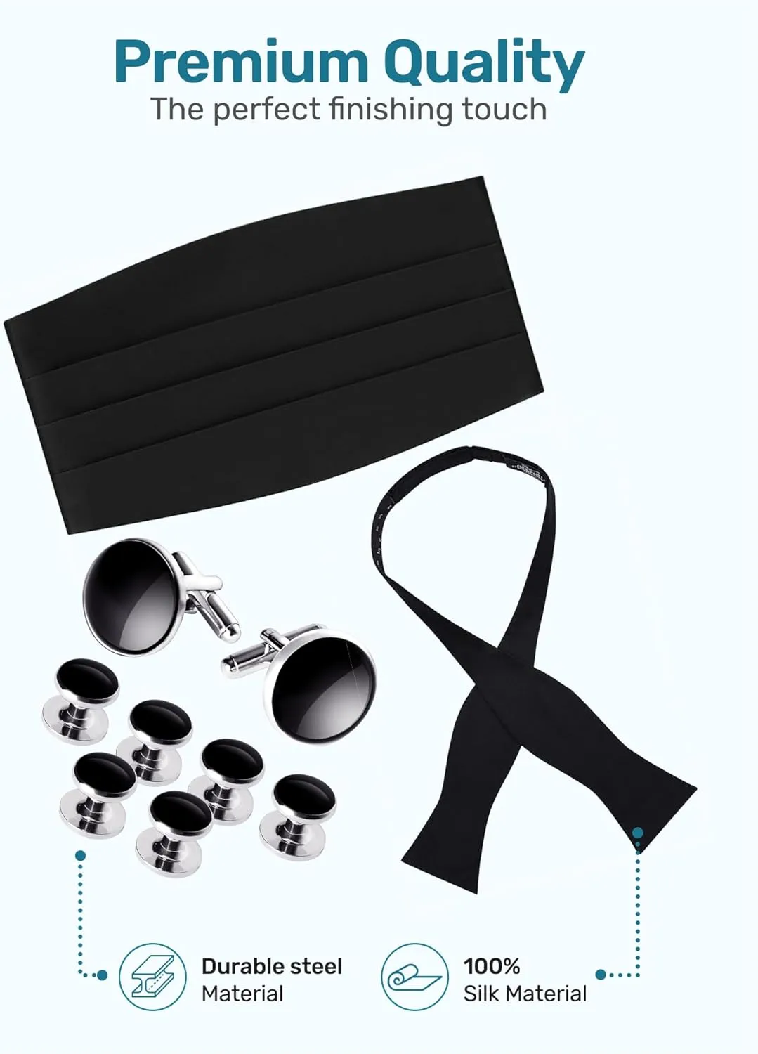 100% Silk Self-Tie Bow Tie and Cummerbund Set for Tuxedo, Wedding, Black-Tie Event- 16MM Silk, Gift Box