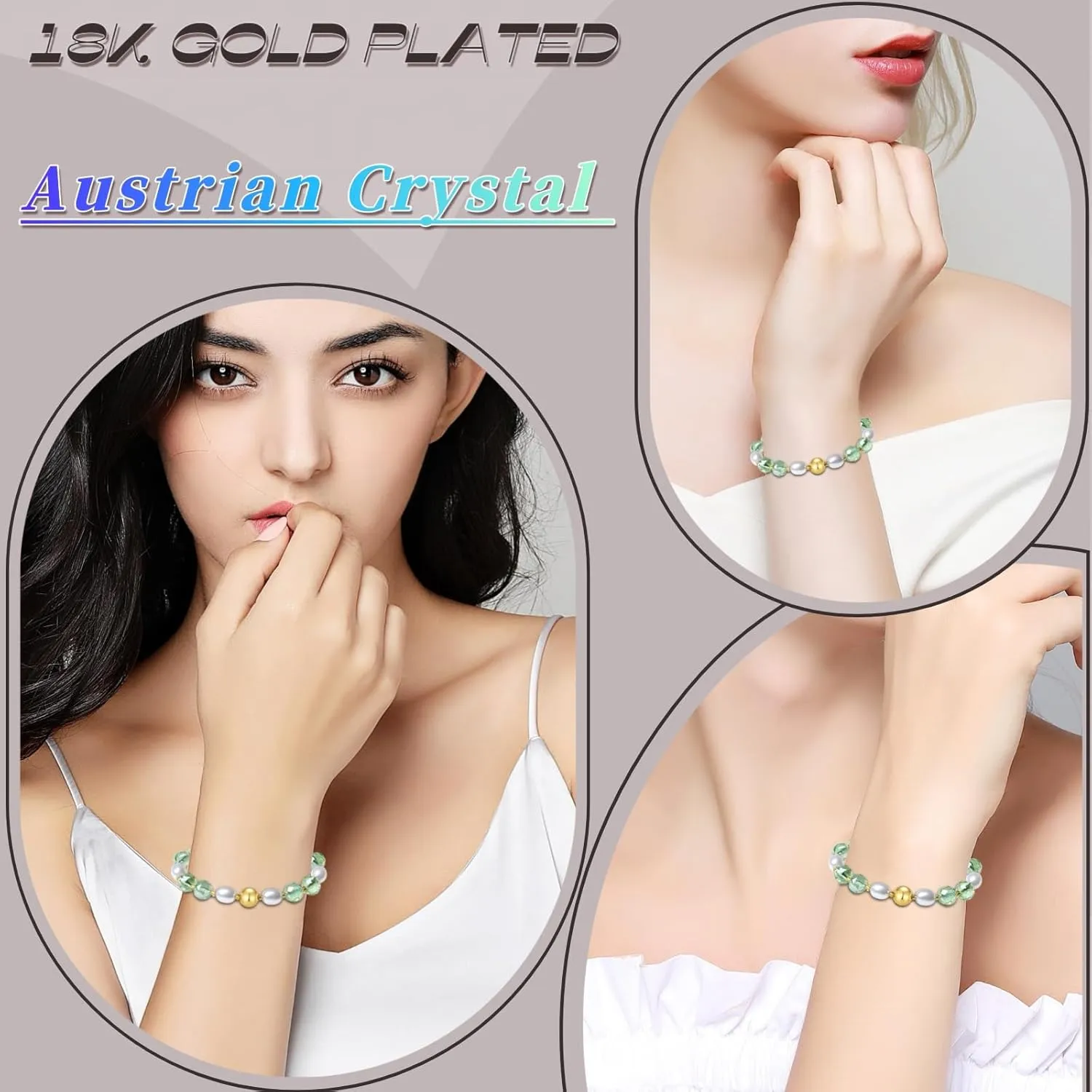 10mm Handmade Colorful Bling Beaded Bracelets Crystal Shell Pearl Stretch Jewelry for Women (Fruit Green)