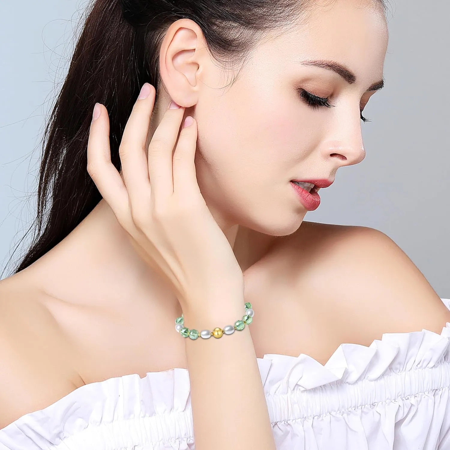 10mm Handmade Colorful Bling Beaded Bracelets Crystal Shell Pearl Stretch Jewelry for Women (Fruit Green)