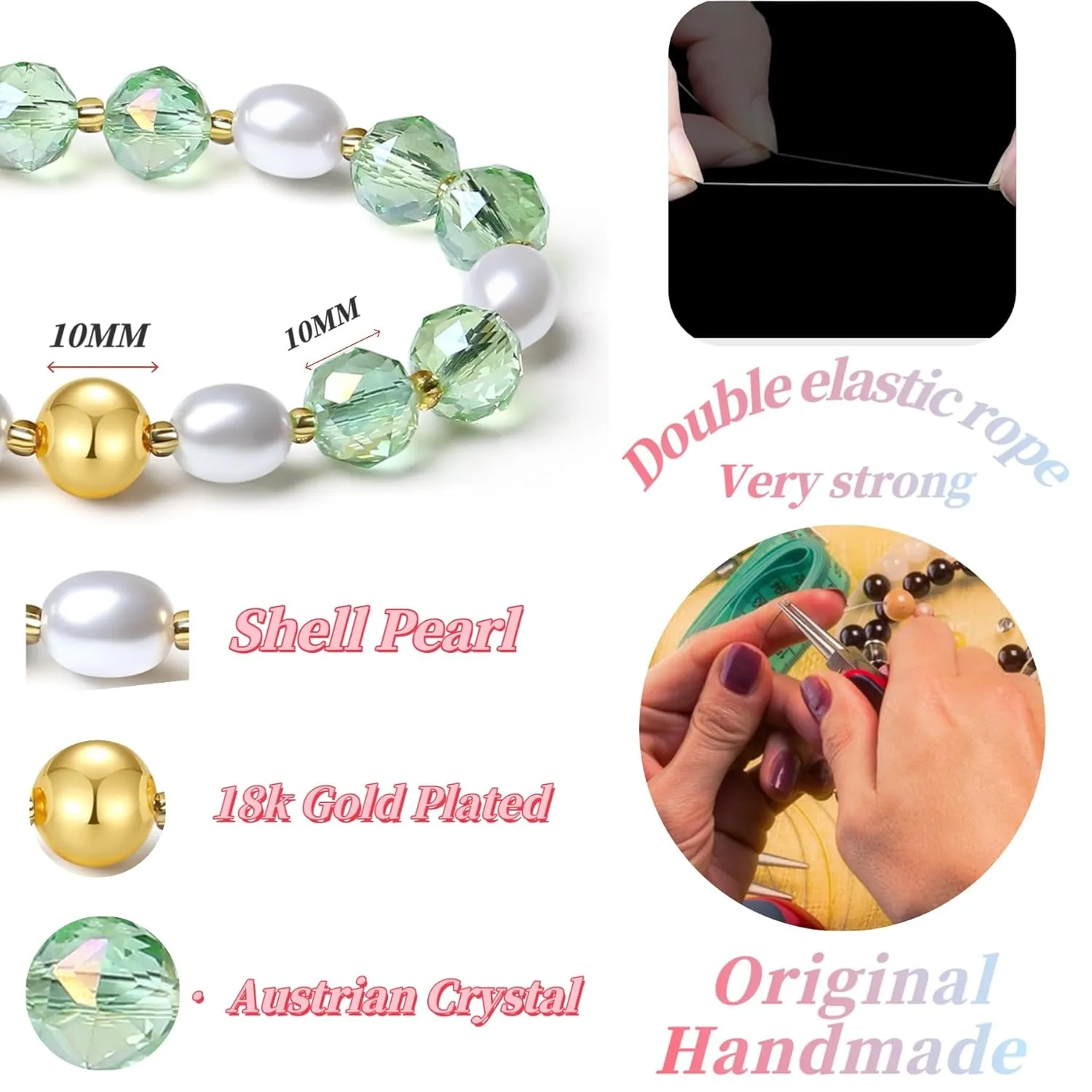10mm Handmade Colorful Bling Beaded Bracelets Crystal Shell Pearl Stretch Jewelry for Women (Fruit Green)