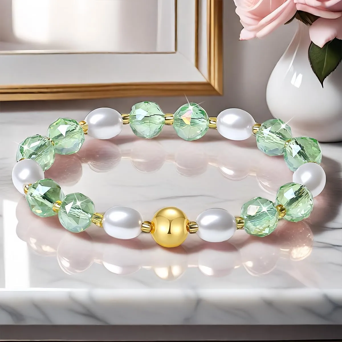 10mm Handmade Colorful Bling Beaded Bracelets Crystal Shell Pearl Stretch Jewelry for Women (Fruit Green)