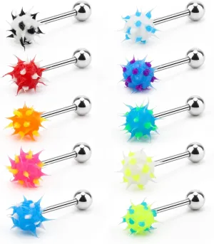 10pcs Surgical Steel Spiky Acrylic Fire Tongue Nipple Ear Rings Bar Barbell Stud Piercing