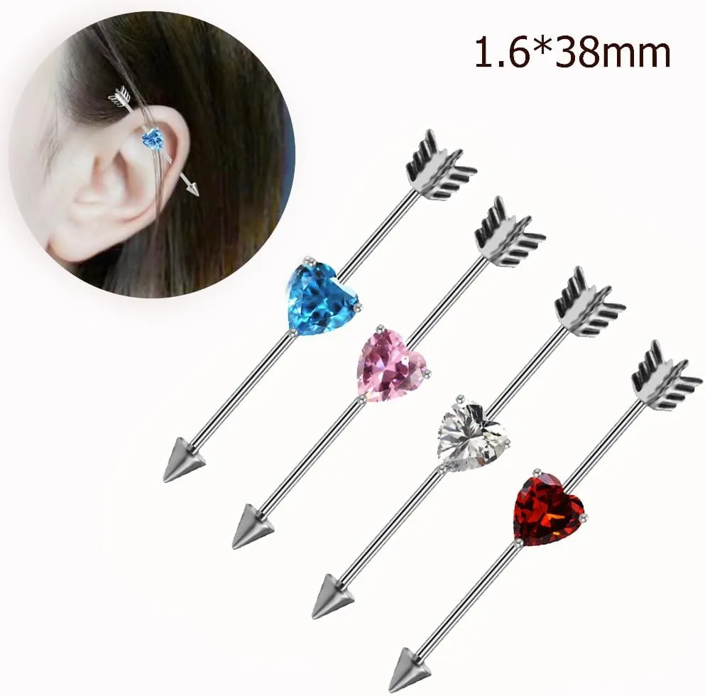 14G Arrow Heart Industrial Barbell Earrings Stainless Steel Industrial Cartilage Earrings 38mm Long Industrial Bar Industrial Piercing Jewelry for Women