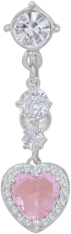 14G Cute CZ Crystal Heart Dangle Belly Button Rings for Women 316L Stainless Steel Reverse Navel Barbell Ring Dangling Body Piercing Jewelry