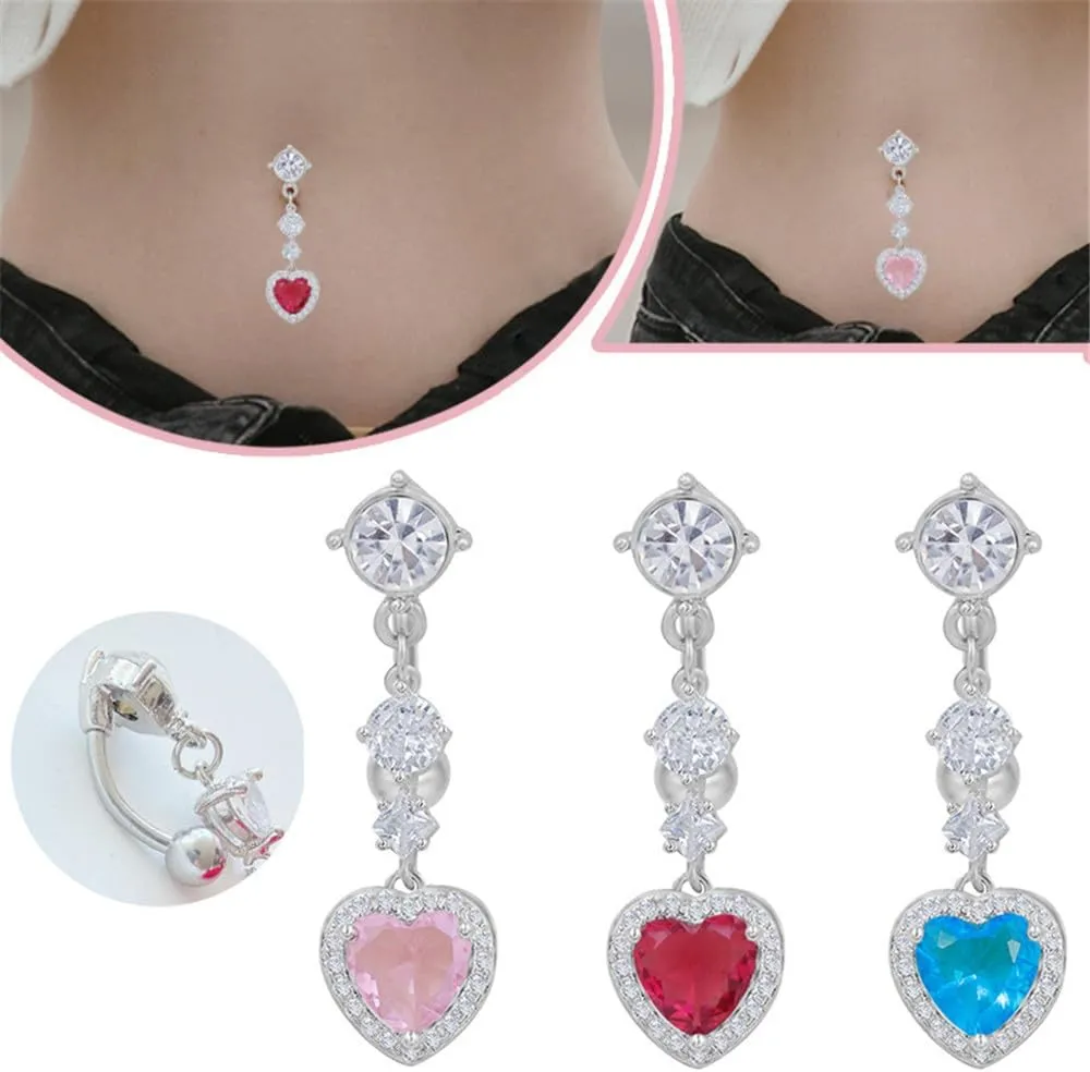 14G Cute CZ Crystal Heart Dangle Belly Button Rings for Women 316L Stainless Steel Reverse Navel Barbell Ring Dangling Body Piercing Jewelry