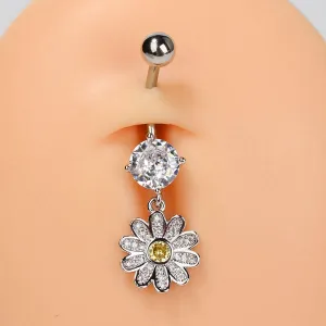 14G Cute CZ Daisy Flower Dangle Belly Button Ring for Women Sparkling Cubic Zirconia Rhinestone Flowers Belly Navel Rings Stainless Steel Navel Barbell Hypoallergenic Body Piercing Jewelry