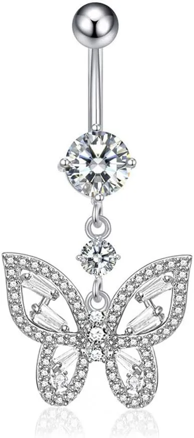 14G CZ Butterfly Dangle Belly Button Rings for Women Hypoallergenic G23 Titanium Belly Navel Barbell Rings Dainty Body Piercing Jewelry