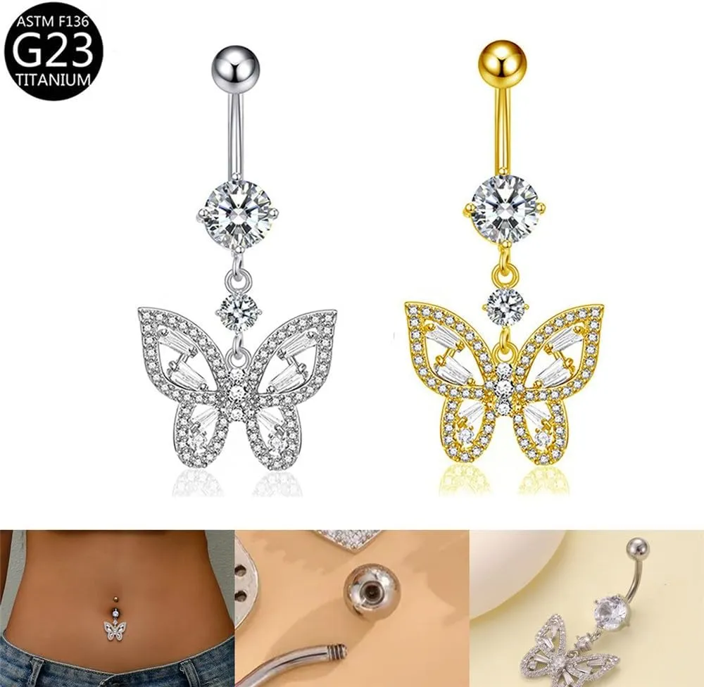 14G CZ Butterfly Dangle Belly Button Rings for Women Hypoallergenic G23 Titanium Belly Navel Barbell Rings Dainty Body Piercing Jewelry