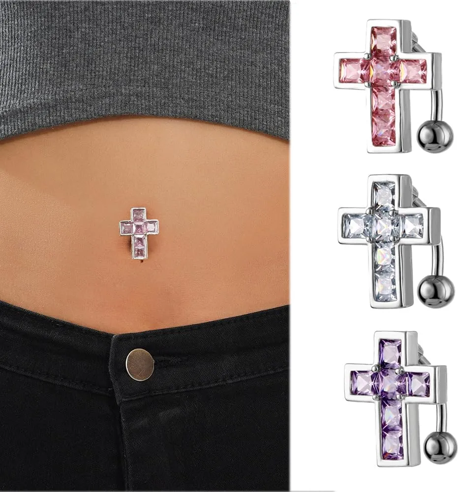 14G CZ Cross Reversed Belly Button Rings Hypoallergenic Stainless Steel Belly Navel Studs Barbell Belly Navel Piercing Jewelry for Women