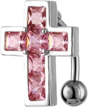 14G CZ Cross Reversed Belly Button Rings Hypoallergenic Stainless Steel Belly Navel Studs Barbell Belly Navel Piercing Jewelry for Women