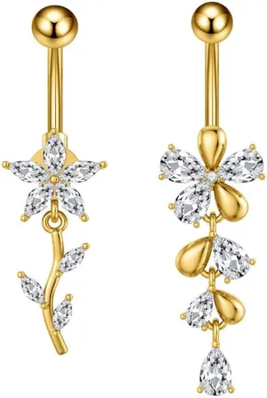 14G CZ Flower Dangle Belly Button Rings for Women Dainty Stainless Steel Crystal Flowers Belly Navel Rings Navel Curved Barbell Dangling Body Piercing Jewelry 3/8 Inch 2Pcs