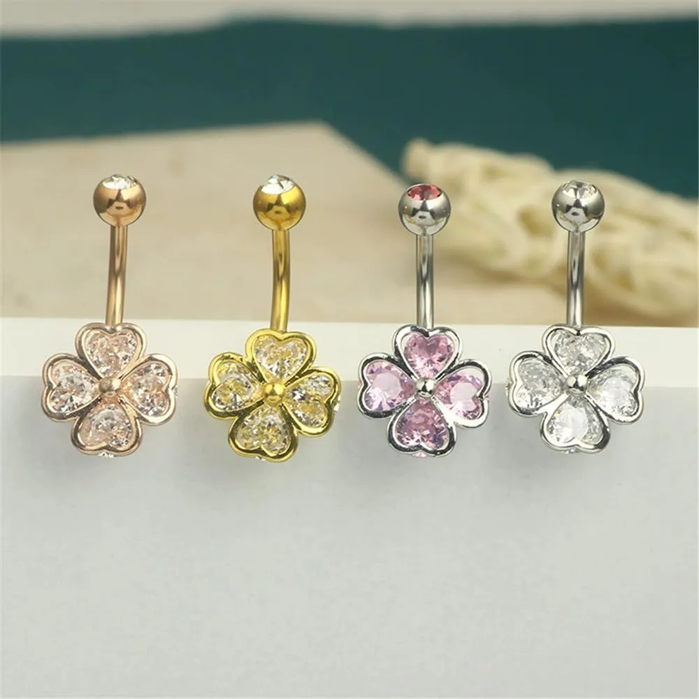 14G CZ Four Leaf Clover Belly Button Rings for Women Dainty Stainless Steel Rhinestone Shamrock Belly Ring Navel Barbell Studs ST Patricks Day Irish Navel Piercing Jewelry 3/8" 10mm