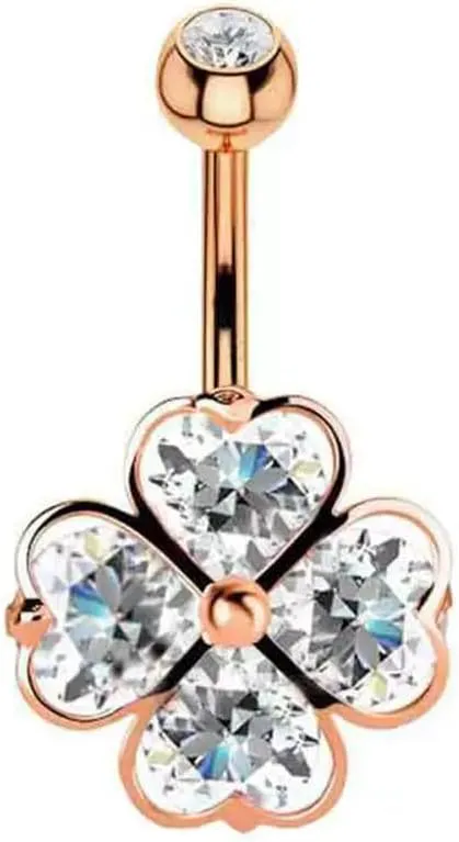 14G CZ Four Leaf Clover Belly Button Rings for Women Dainty Stainless Steel Rhinestone Shamrock Belly Ring Navel Barbell Studs ST Patricks Day Irish Navel Piercing Jewelry 3/8" 10mm