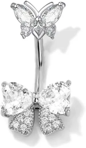 14G CZ Rhinestone Bowknot Belly Button Rings for Women Hypoallergenic 316L Stainless Steel Crystal Bow Butterfly Belly Ring Sparkling Navel Curved Barbell Navel Piercing Jewelry 3/8" 10mm