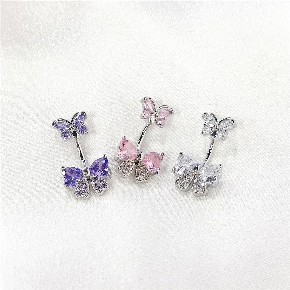 14G CZ Rhinestone Bowknot Belly Button Rings for Women Hypoallergenic 316L Stainless Steel Crystal Bow Butterfly Belly Ring Sparkling Navel Curved Barbell Navel Piercing Jewelry 3/8" 10mm