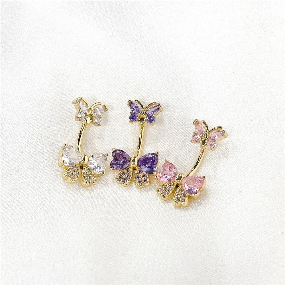14G CZ Rhinestone Bowknot Belly Button Rings for Women Hypoallergenic 316L Stainless Steel Crystal Bow Butterfly Belly Ring Sparkling Navel Curved Barbell Navel Piercing Jewelry 3/8" 10mm