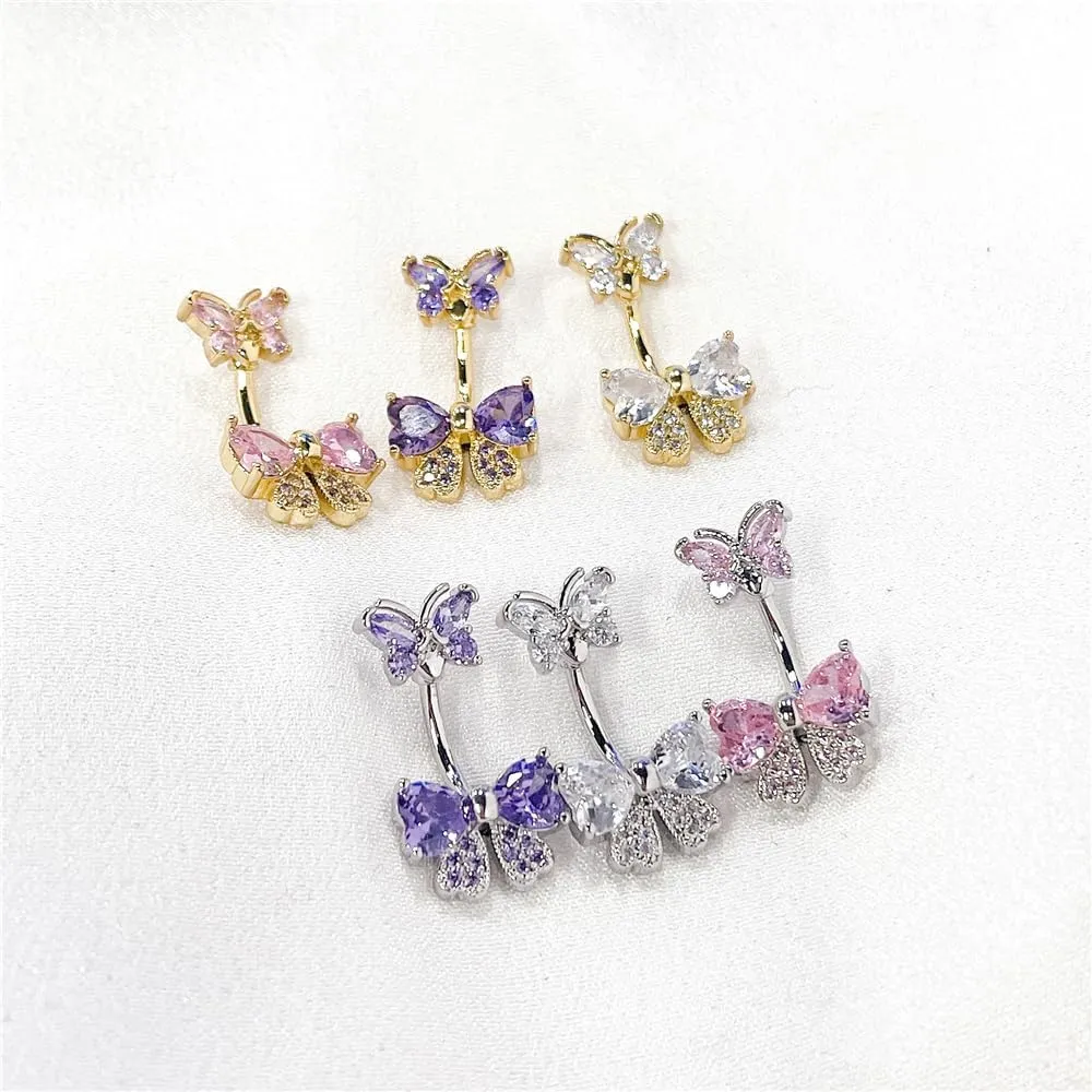 14G CZ Rhinestone Bowknot Belly Button Rings for Women Hypoallergenic 316L Stainless Steel Crystal Bow Butterfly Belly Ring Sparkling Navel Curved Barbell Navel Piercing Jewelry 3/8" 10mm