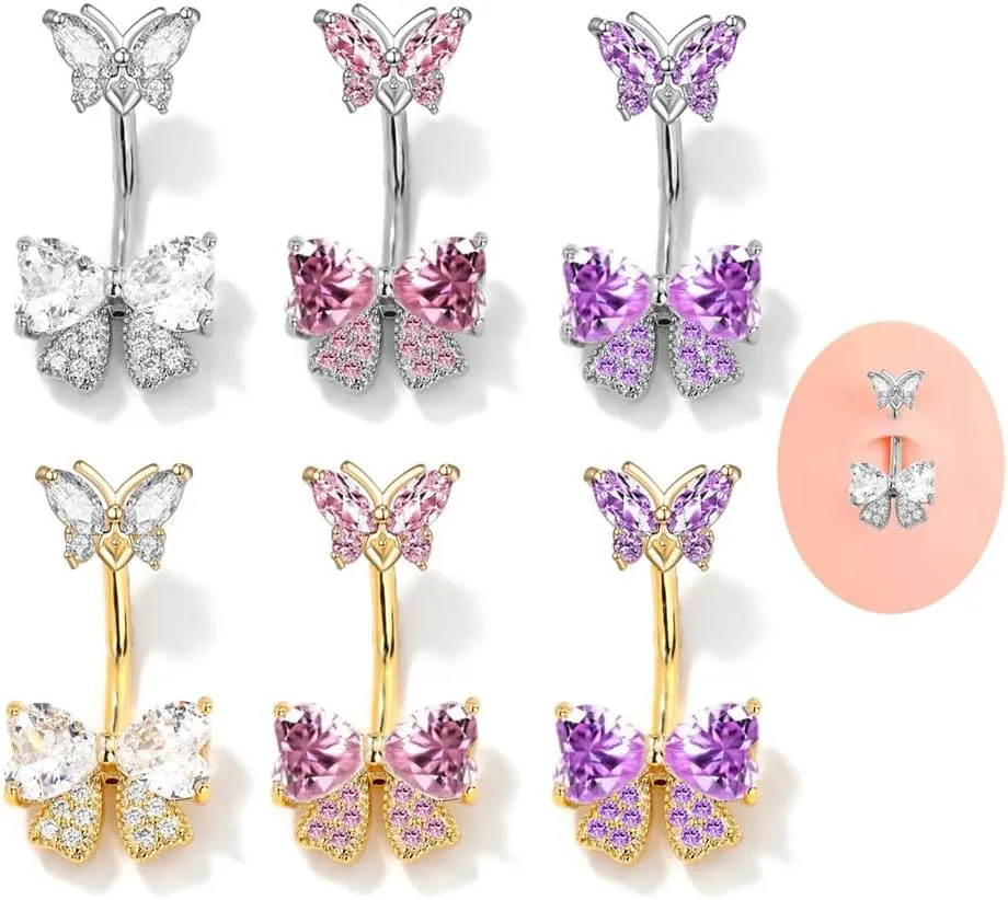 14G CZ Rhinestone Bowknot Belly Button Rings for Women Hypoallergenic 316L Stainless Steel Crystal Bow Butterfly Belly Ring Sparkling Navel Curved Barbell Navel Piercing Jewelry 3/8" 10mm