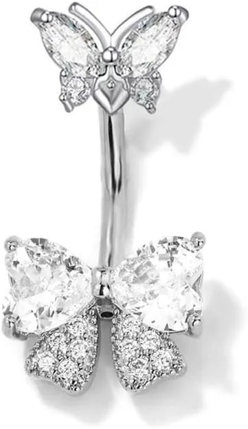 14G CZ Rhinestone Bowknot Belly Button Rings for Women Hypoallergenic 316L Stainless Steel Crystal Bow Butterfly Belly Ring Sparkling Navel Curved Barbell Navel Piercing Jewelry 3/8" 10mm