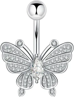 14G CZ Rhinestone Butterfly Belly Button Rings for Women Dainty 316L Stainless Steel Navel Ring 3/8" 10mm Curved Barbell Studs Sparkling Body Piercing Jewelry