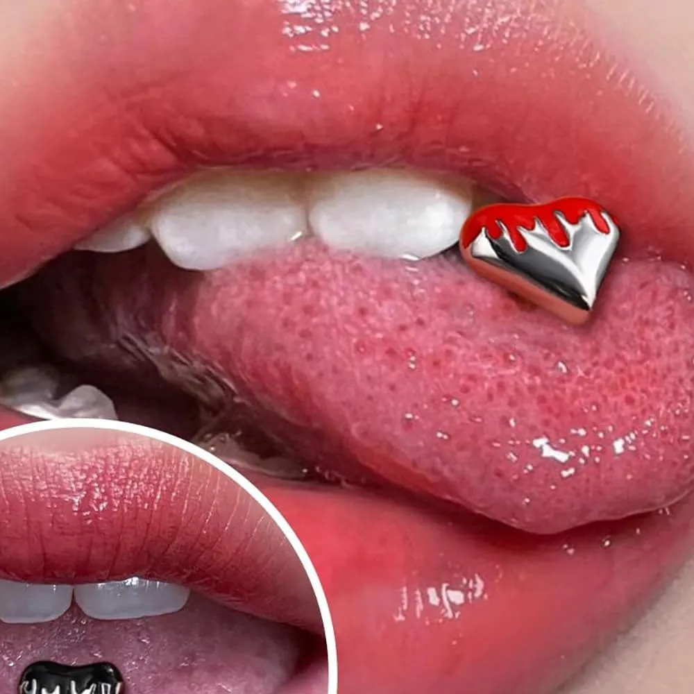 14G Heart Tongue Rings for Women Stainless Steel Love Heart Tongue Straight Barbell Hypoallergenic Tongue Piercing Jewelry Red/Black