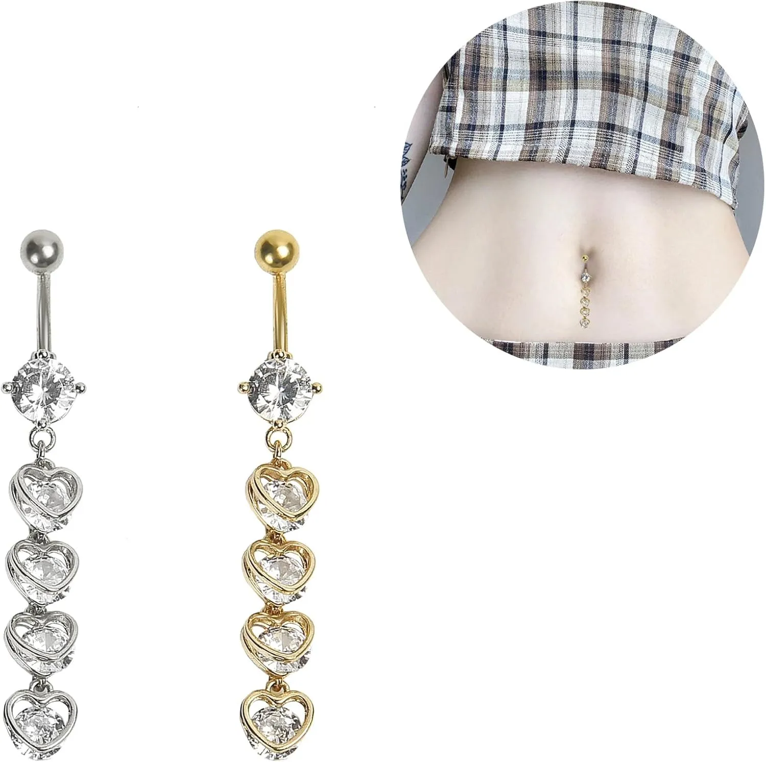 14G Long CZ Heart Dangle Belly Button Rings for Women Dangling Cubic Zirconia Stainless Steel Belly Ring Curved Navel Barbell Sparkling Navel Body Piercing Jewelry 3/8" 10mm