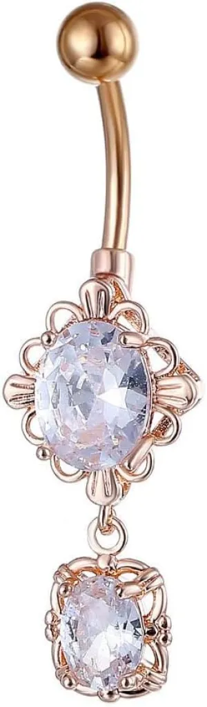 14G Oval CZ Crystal Dangle Belly Button Rings for Women 316L Surgical Steel Flower Belly Navel Ring 3/8" 10mm Curved Navel Barbell Dangling Body Piercing Jewelry