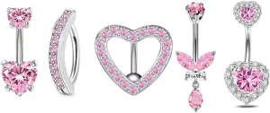 14G Pink Belly Button Rings Set Stainless Steel Cubic Zirconia Dangle Belly Navel Piercing Jewelry Dainty Belly Curved Barbell for Women Girls
