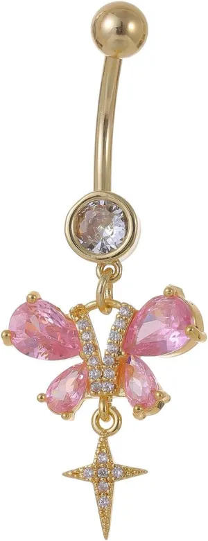 14G Pink CZ Butterfly Dangle Belly Button Rings for Women Dainty 18K Gold Plated Stainless Steel Belly Ring 3/8" 10mm Curved Navel Barbell Hypoallergenic Body Piercing Jewelry