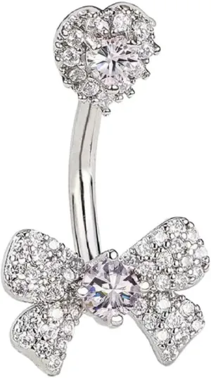 14G Rhinestone Bowknot Belly Button Rings for Women Cute Surgical Steel CZ Heart Bow Navel Ring 3/8" 10mm Curved Barbell Dainty Body Piercing Jewelry