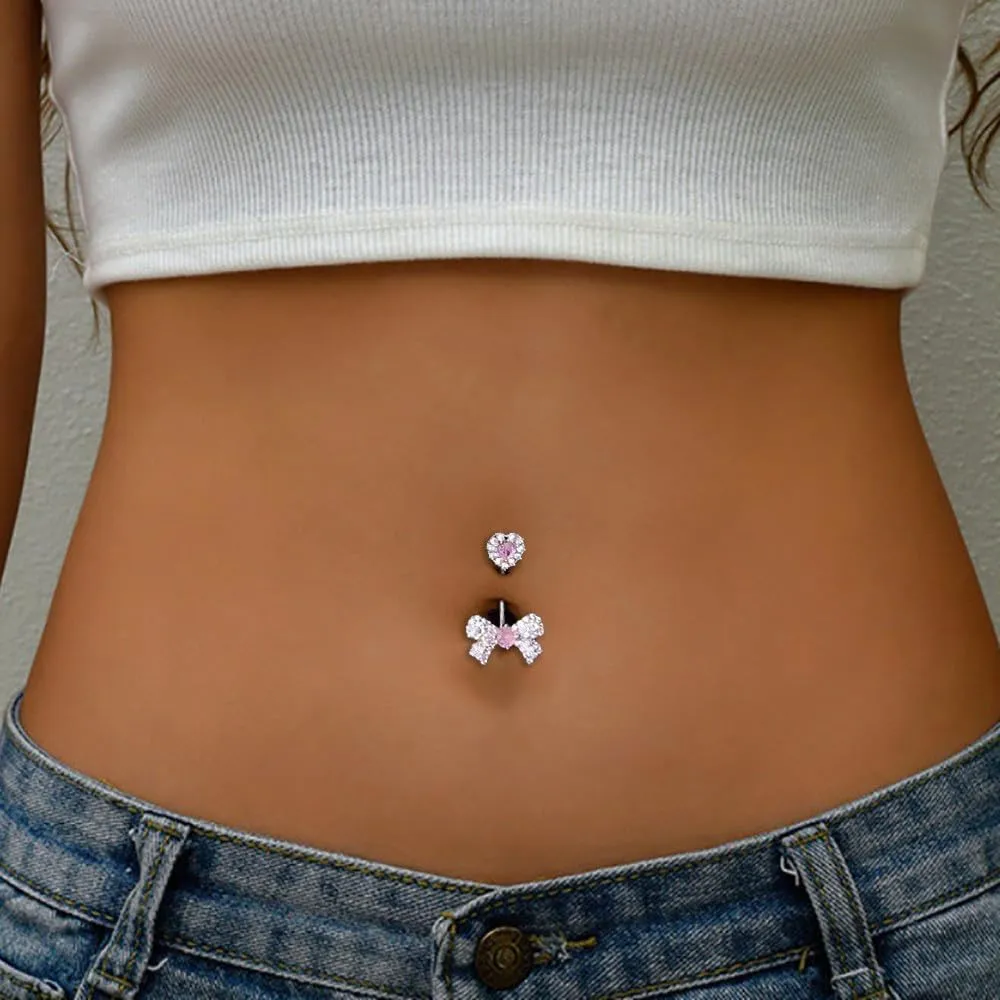 14G Rhinestone Bowknot Belly Button Rings for Women Cute Surgical Steel CZ Heart Bow Navel Ring 3/8" 10mm Curved Barbell Dainty Body Piercing Jewelry