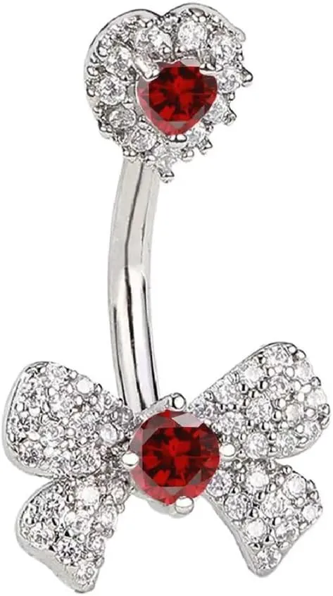 14G Rhinestone Bowknot Belly Button Rings for Women Cute Surgical Steel CZ Heart Bow Navel Ring 3/8" 10mm Curved Barbell Dainty Body Piercing Jewelry