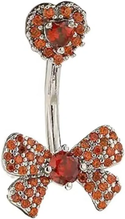14G Rhinestone Bowknot Belly Button Rings for Women Cute Surgical Steel CZ Heart Bow Navel Ring 3/8" 10mm Curved Barbell Dainty Body Piercing Jewelry