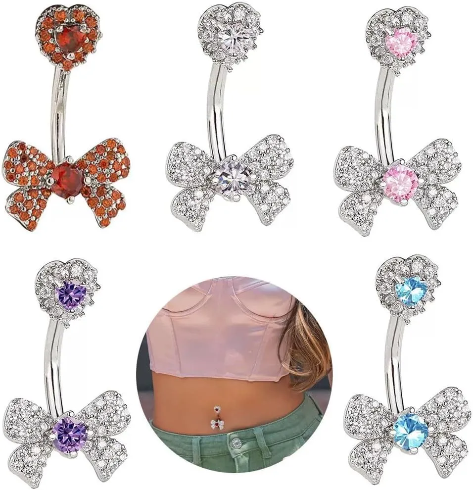 14G Rhinestone Bowknot Belly Button Rings for Women Cute Surgical Steel CZ Heart Bow Navel Ring 3/8" 10mm Curved Barbell Dainty Body Piercing Jewelry