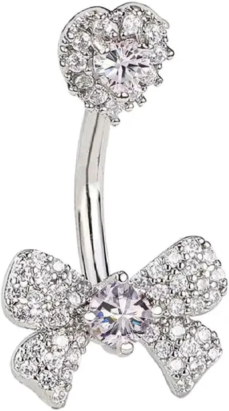 14G Rhinestone Bowknot Belly Button Rings for Women Cute Surgical Steel CZ Heart Bow Navel Ring 3/8" 10mm Curved Barbell Dainty Body Piercing Jewelry