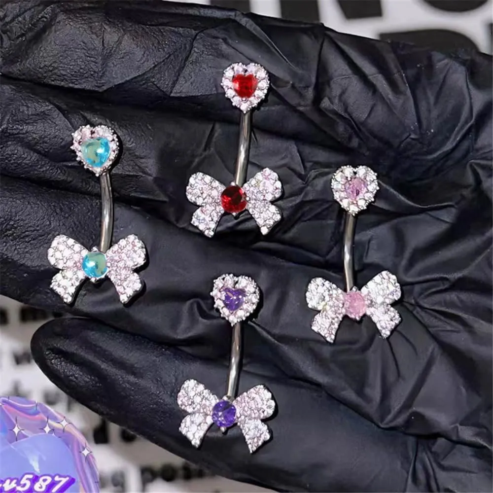 14G Rhinestone Bowknot Belly Button Rings for Women Cute Surgical Steel CZ Heart Bow Navel Ring 3/8" 10mm Curved Barbell Dainty Body Piercing Jewelry