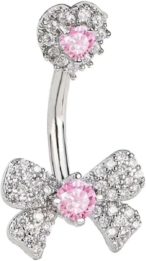 14G Rhinestone Bowknot Belly Button Rings for Women Cute Surgical Steel CZ Heart Bow Navel Ring 3/8" 10mm Curved Barbell Dainty Body Piercing Jewelry