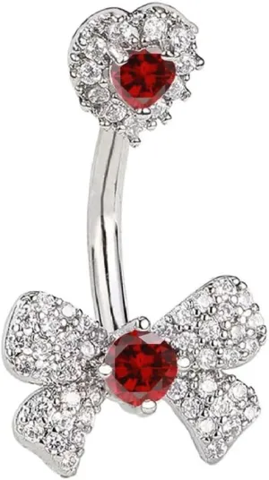 14G Rhinestone Bowknot Belly Button Rings for Women Cute Surgical Steel CZ Heart Bow Navel Ring 3/8" 10mm Curved Barbell Dainty Body Piercing Jewelry