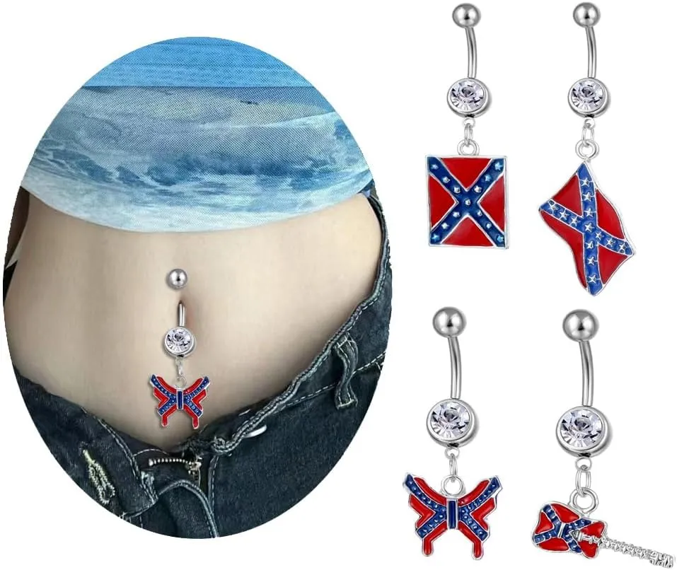 14G USA American Flag Dangle Belly Button Rings for Women Stainless Steel Belly Navel Curved Barbell Dangling Body Piercing Jewelry for Women