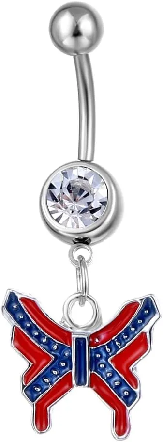 14G USA American Flag Dangle Belly Button Rings for Women Stainless Steel Belly Navel Curved Barbell Dangling Body Piercing Jewelry for Women