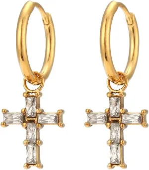 14K Gold Cross Dangle & Drop Earrings with Moissanite, Symbol of Faith, Fashionable Jewelry Gfits for Her