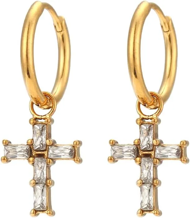 14K Gold Cross Dangle & Drop Earrings with Moissanite, Symbol of Faith, Fashionable Jewelry Gfits for Her