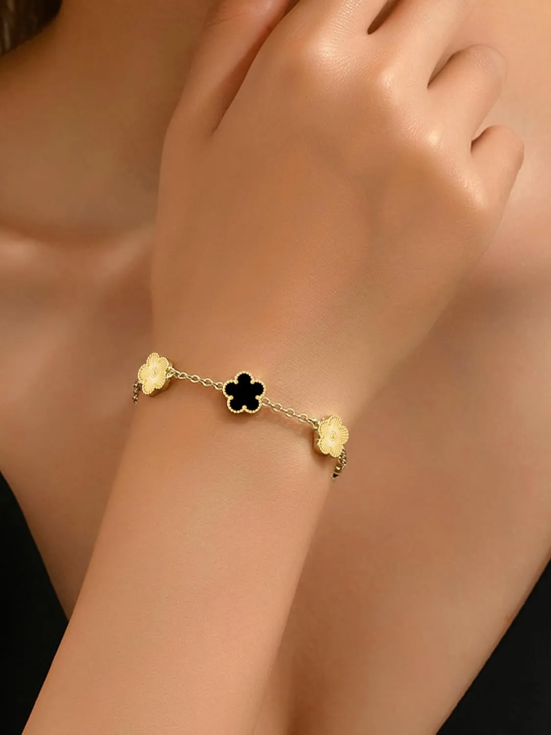 14K Gold Plated Dainty Colorful Five Leaf Clover Dot Bracelets for Women Lucky Flower Jewelry