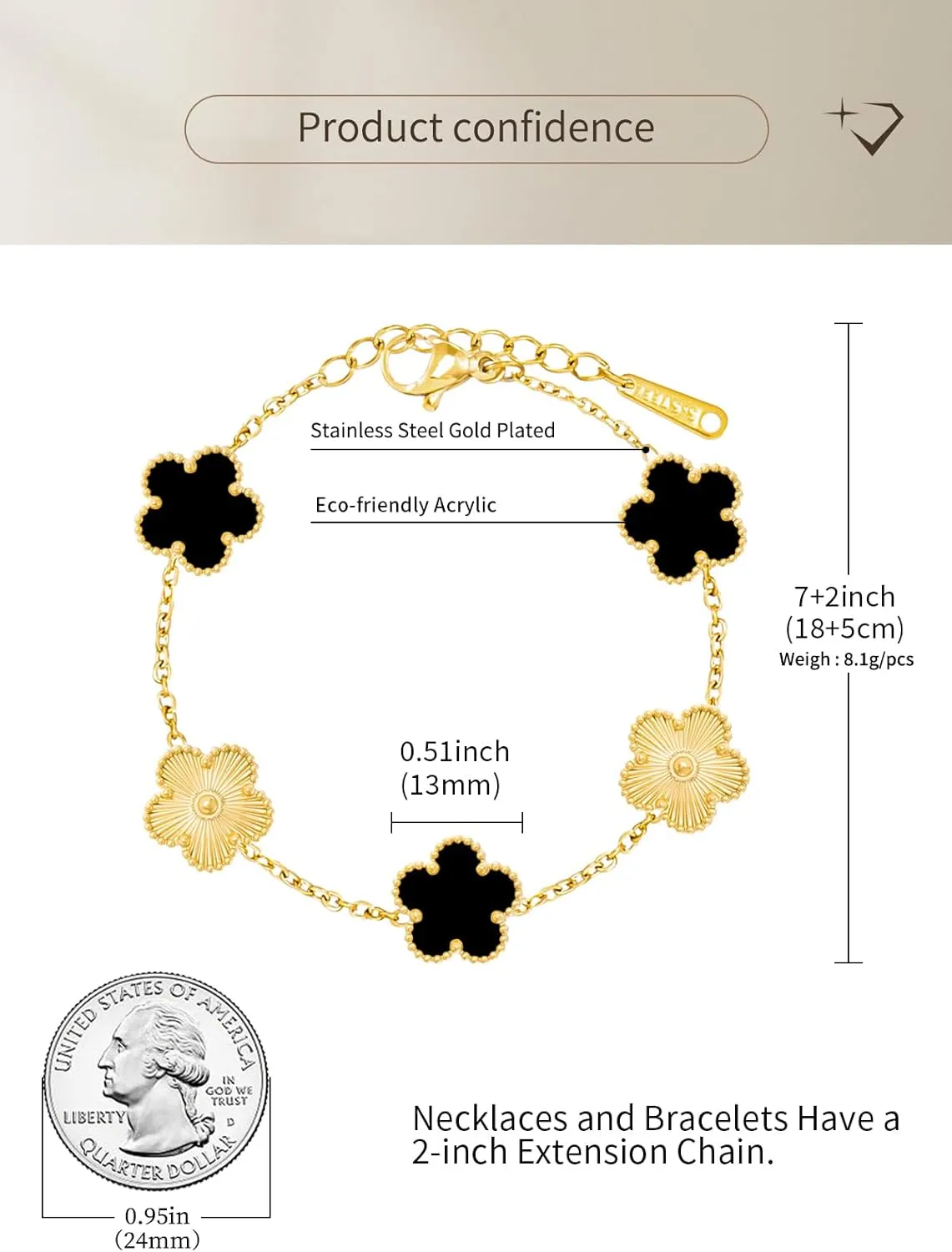 14K Gold Plated Dainty Colorful Five Leaf Clover Dot Bracelets for Women Lucky Flower Jewelry