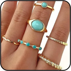 14K Gold Turquoise Layered Stacking Rings for Women Glossy Circular Thin Twist Ring Set Retro Green Natural Stone Knuckle Midi Jewelry Gifts